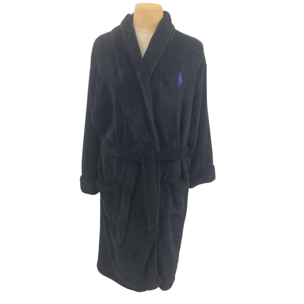 Polo Ralph Lauren Robe Women OS Black Fleece Plush Belted Blue Pony Loungewear